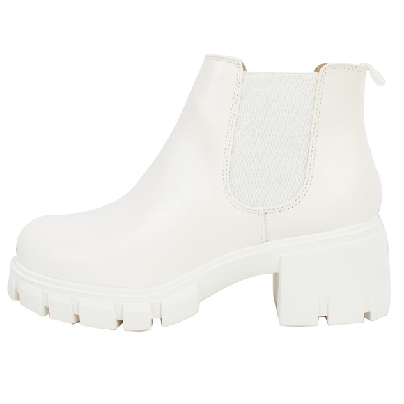 Shoes - White Faux Leather Chelsea Pull On Lug Ankle Boots